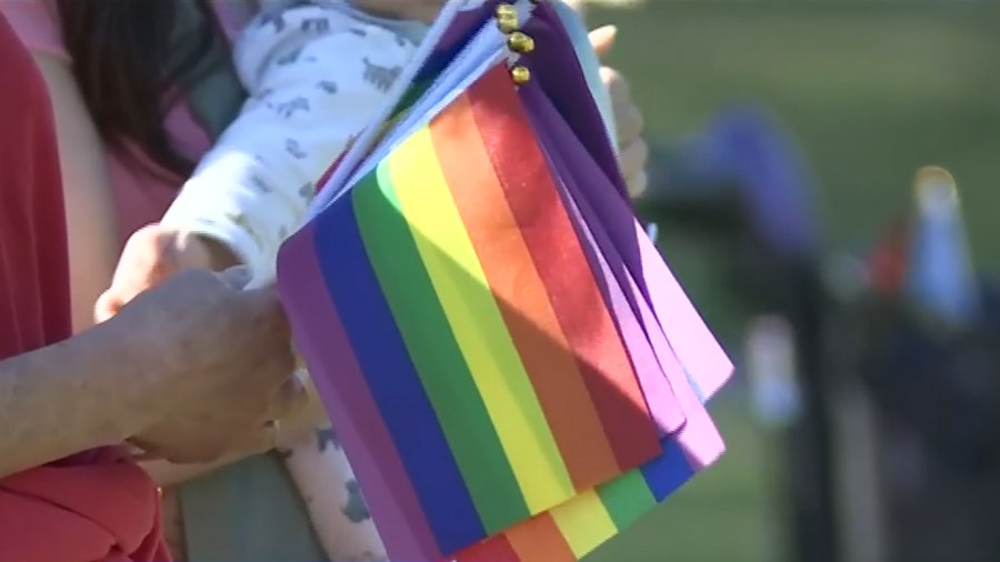 Image: A person holds several small Pride flags during a recent event in Washington....